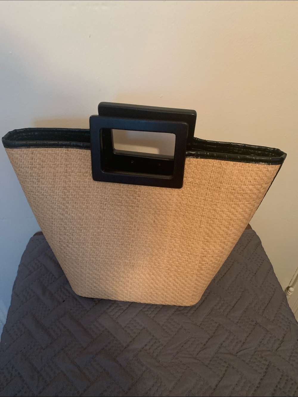 Woven Straw Tote with Black Trim and Square Handle